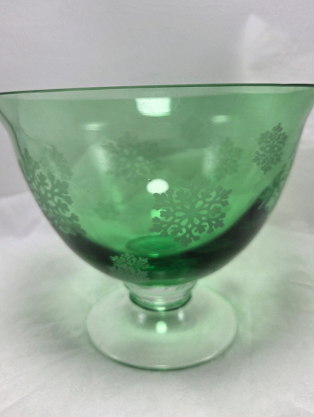 Vintage Snowflake Etched Glass Candy Dish Pedestal Serving Bowl Green Compote